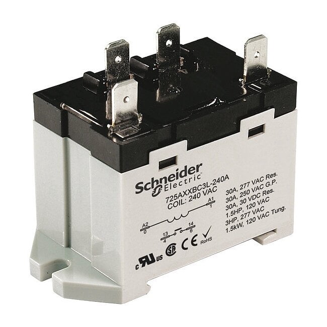 DIN Rail & Top Flange, Enclosed Power Relay, 30 A, 4 Pins, Screw 725AXXSC3ML-12D
