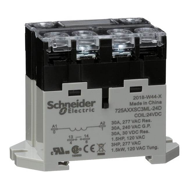 DIN Rail & Top Flange, Enclosed Power Relay, 30 A, 4 Pins, Screw 725AXXSC3ML-24D