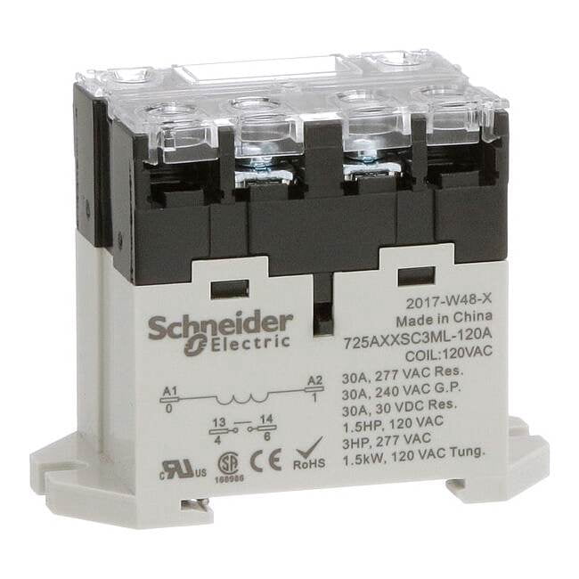DIN Rail & Top Flange, Enclosed Power Relay, 30 A, 4 Pins, Screw 725AXXSC3ML-120A