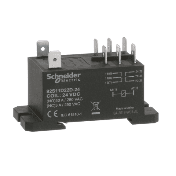 Schneider Electric/Magnecraft 92S11D22D-24, Relay; E-Mech; Power; DPDT; Ctrl-V 24DC; 30A-NO, 3A-NC; 300V; Panel MNT; QC Term