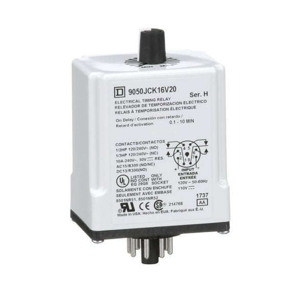 Schneider Electric Square D Harmony Timer Relay, 9050 JCK, On Delay, Adjustable Time, 0.1 to 10 Minutes, 10A, 240V AC, 120V AC/110V DC CA3