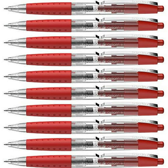 Schneider Gelion+ Gel Pen, Refillable and Retractable, Gel Ink, 0.7 mm, Transparent Barrel, Red Ink, Box of 10 Pens (101002)