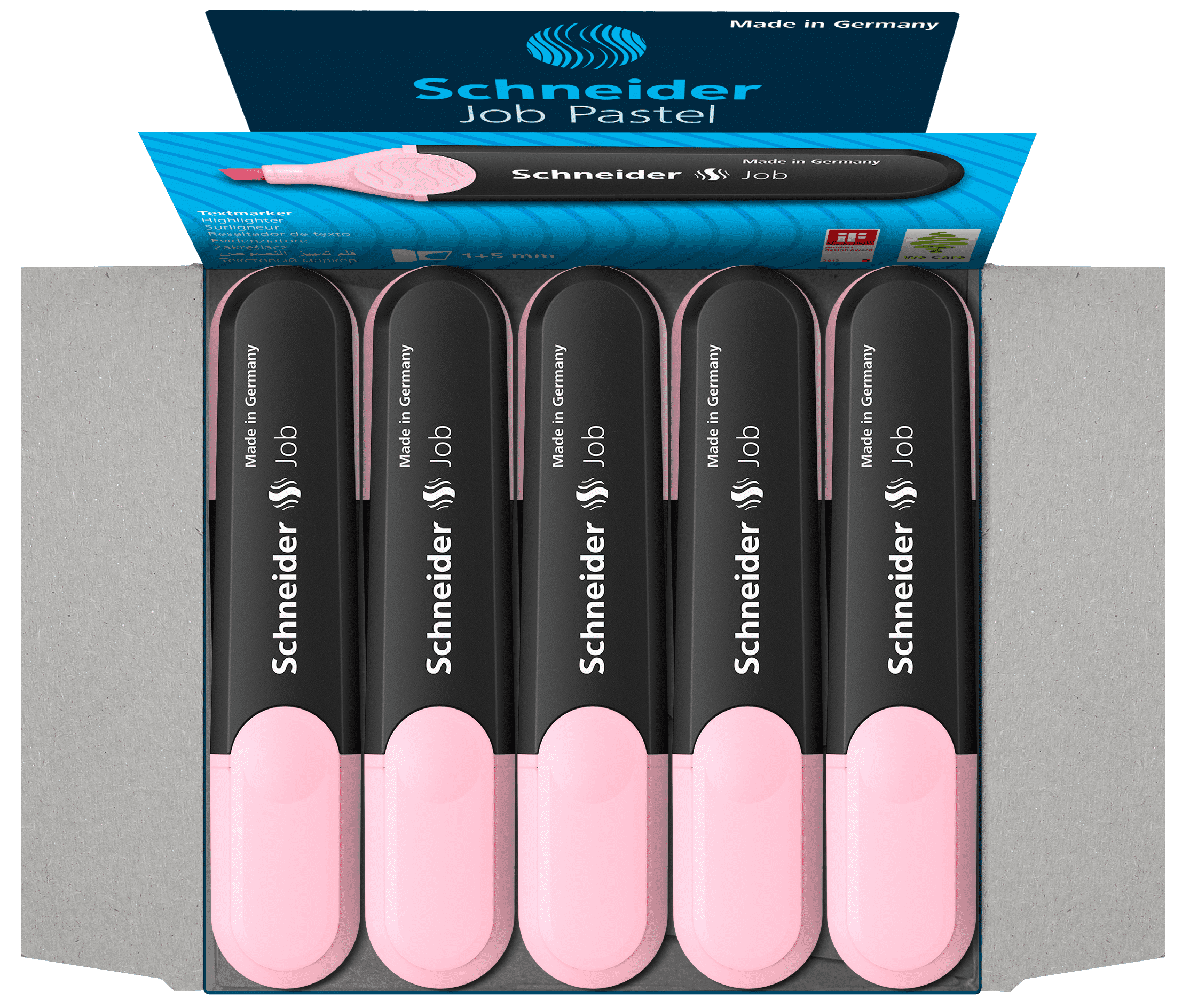 Schneider Job Pastel Highlighter, Chisel Tip, 1 + 5 mm, Black Barrel, Light Pink Ink, Box of 10 Highlighters (1529)