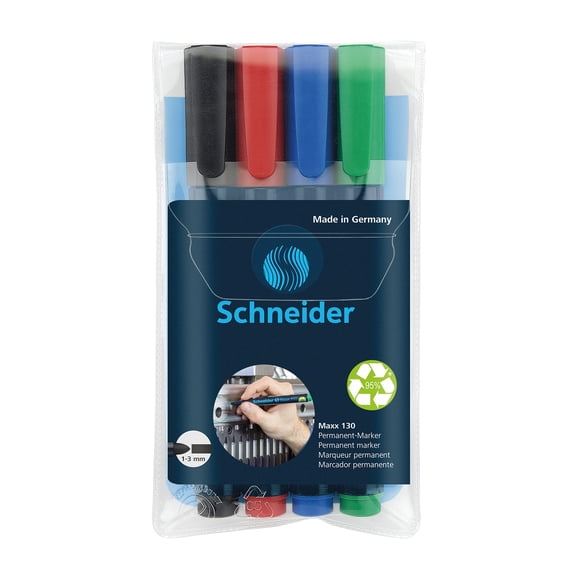 Schneider Maxx 130 Permanent Markers, 1 + 3 mm Bullet Tip, 4 Assorted Ink Colors (Black, Red, Blue, Green)