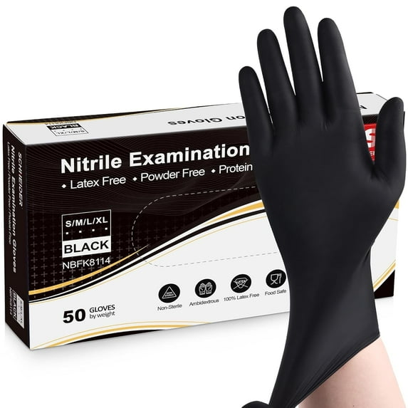 Schneider Nitrile Exam Gloves, 5 Mil Thick Disposable Gloves, Latex Free, Powder Free, Food Safe, Black Gloves for Medical, Tattoo, Cleaning & Cooking, Food Prep, Large, 100 Count