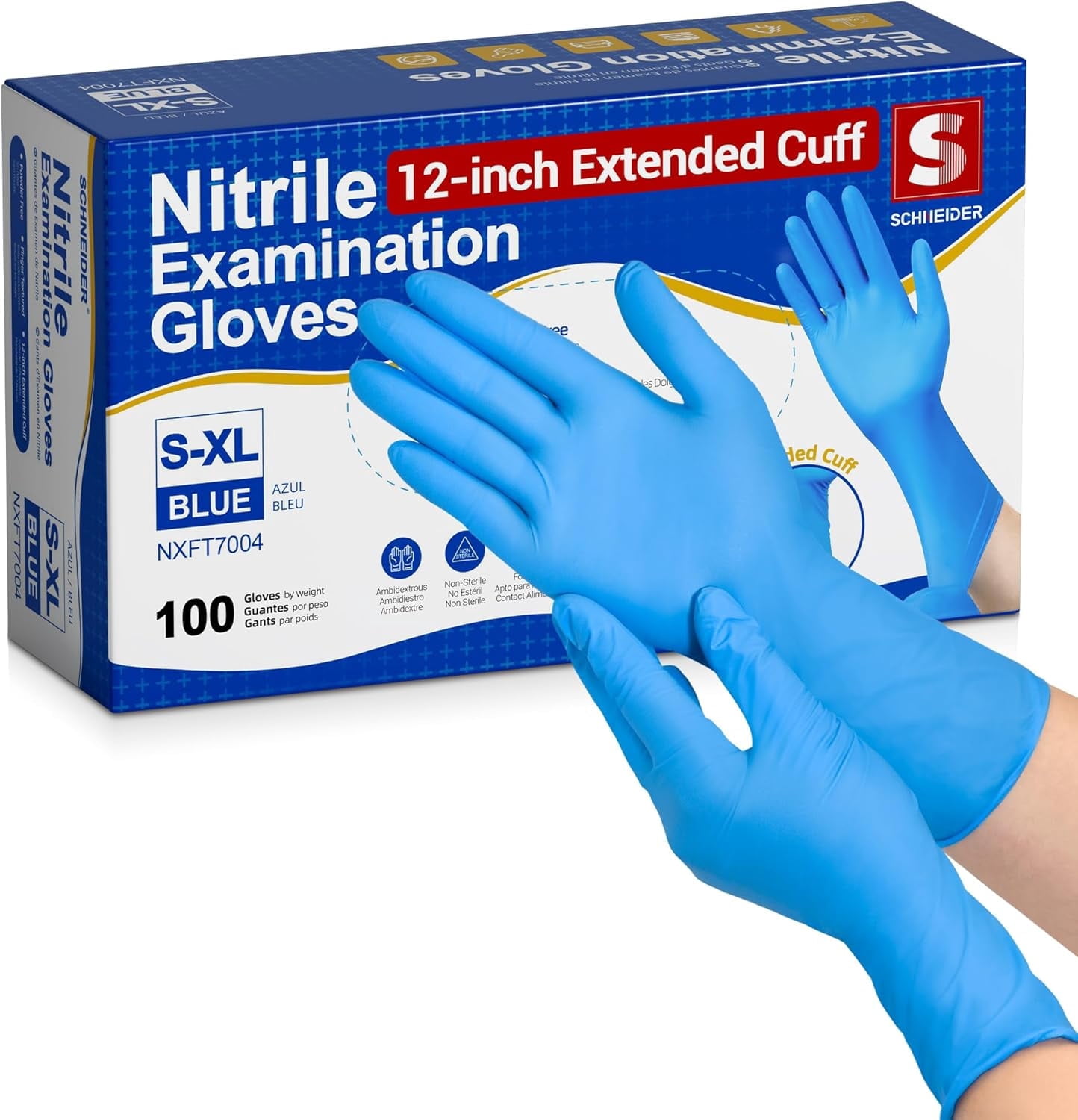 Schneider Nitrile Exam Gloves, Extended 12 Inches Cuff, X-Large, 100-ct Box, 4 mil, Gloves Disposable Latex Free, Powder Free for Medical, Food Prep, Cleaning, Cooking, Blue