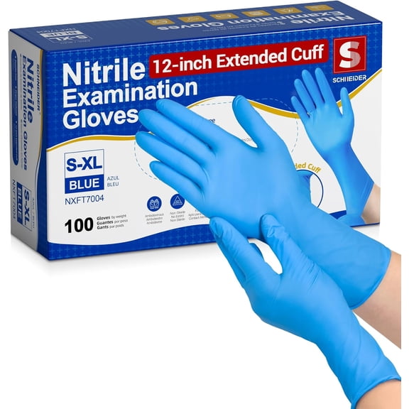Schneider Nitrile Exam Gloves, Extended 12 Inches Cuff, X-Large, 100-ct Box, 4 mil, Gloves Disposable Latex Free, Powder Free for Medical, Food Prep, Cleaning, Cooking, Blue