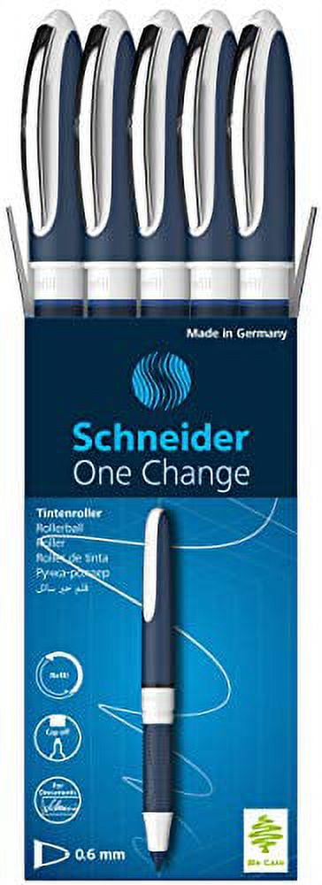 Schneider One Change Rollerball Pen, Refillable, 0.6 mm Ultra-Smooth Tip, Blue/White Barrel, Blue Ink, Box of 5 Pens (183703)