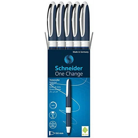 Schneider One Change Rollerball Pen, Refillable, 0.6 mm Ultra-Smooth Tip, Blue/White Barrel, Blue Ink, Box of 5 Pens (183703)