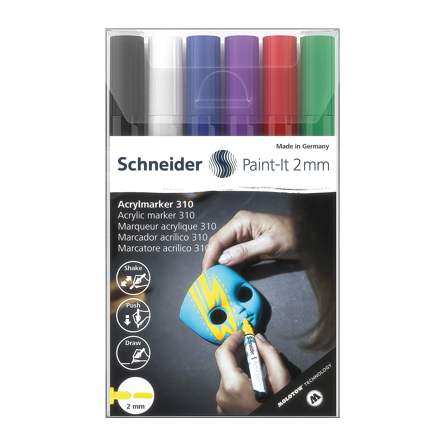 Schneider Paint-It 310 Acrylic Markers, 2 mm Bullet Tip, Wallet, 6 Assorted Ink Colors