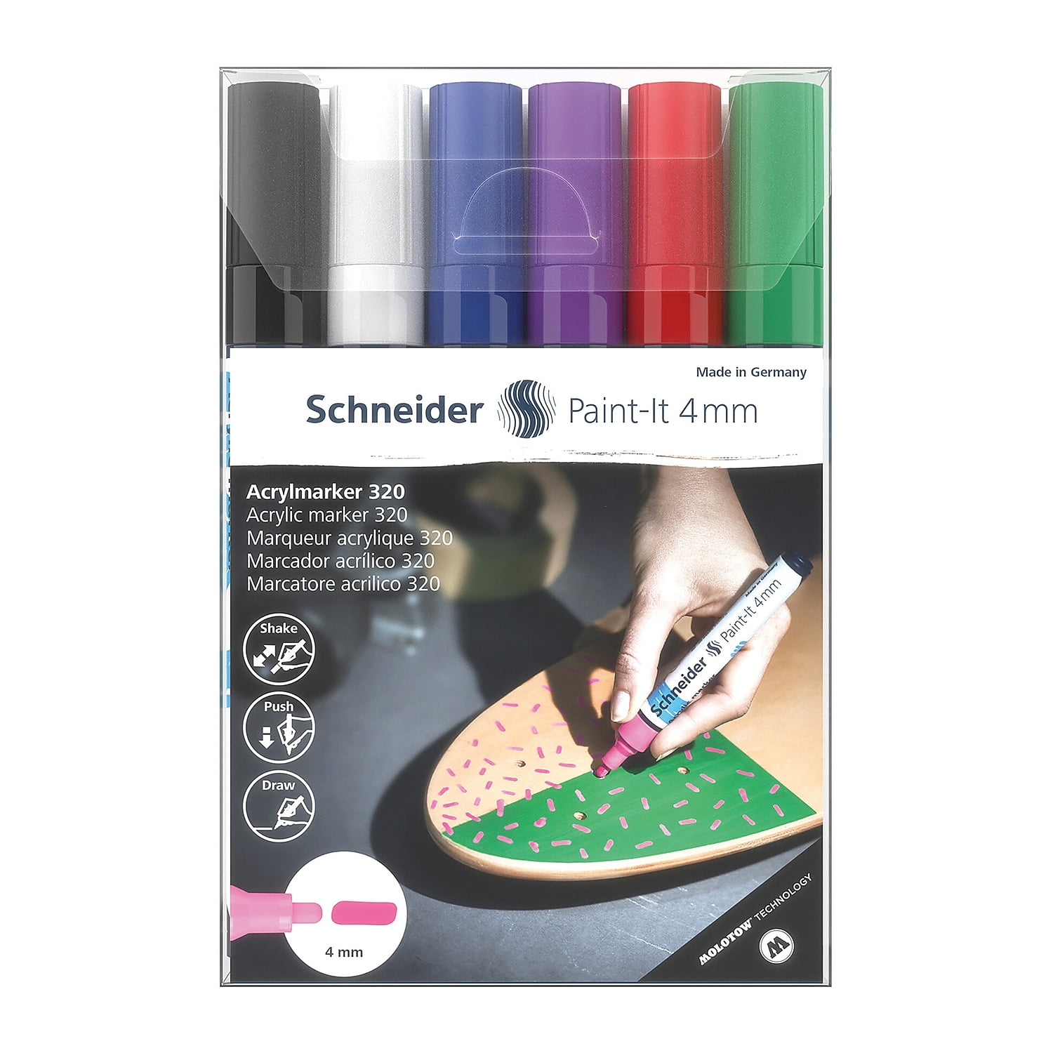 Schneider Paint-It 320 Acrylic Markers, 4 mm Bullet Tip, Wallet, 6 Assorted Ink Colors