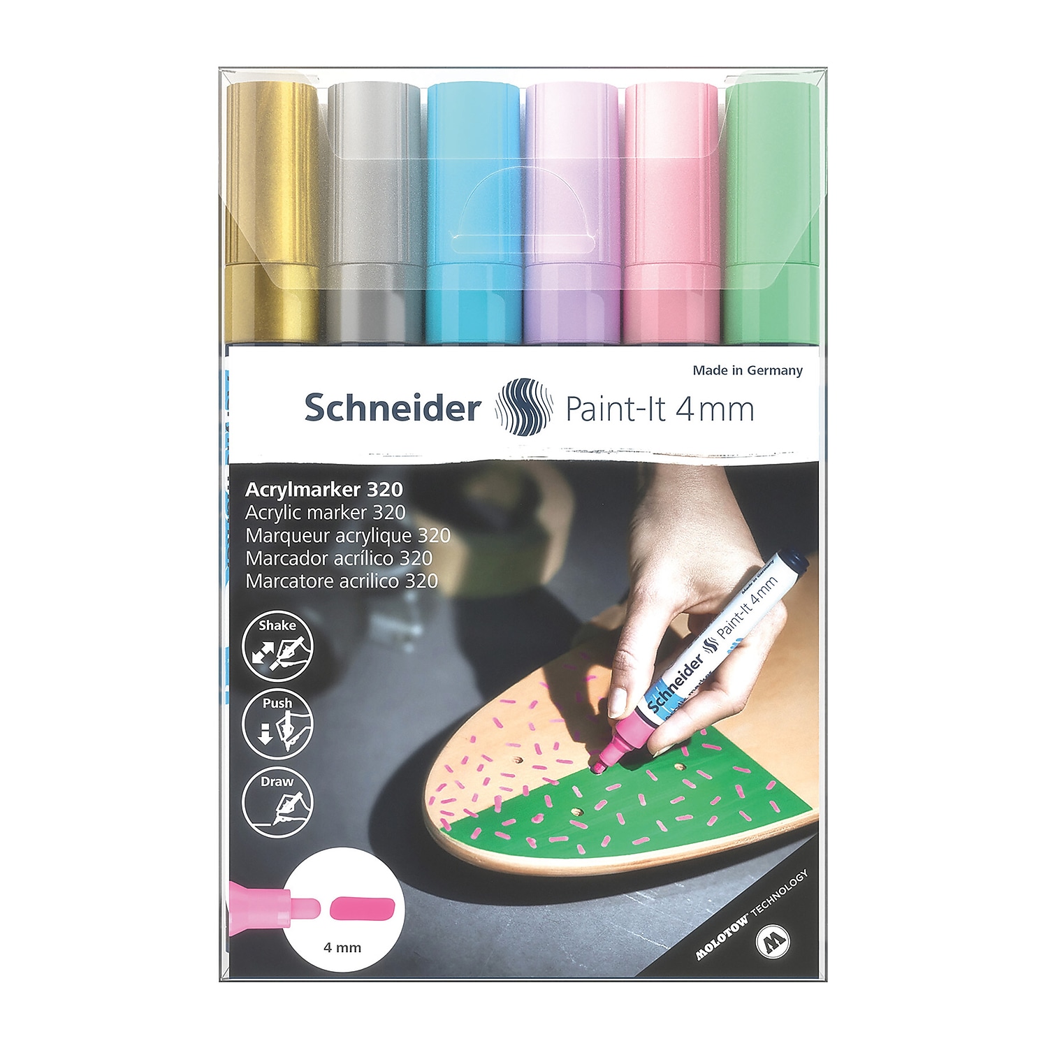 Schneider Paint-It 320 Acrylic Markers, 4 mm Bullet Tip, Wallet, 6 Assorted Pastel Ink Colors