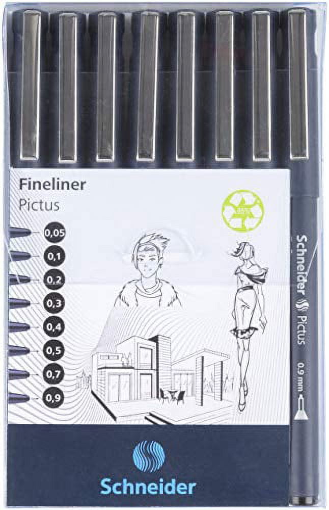 Schneider Pictus Fineliner Pens 8 Different Line Widths 0.05 - 0.9 mm Black Case of 8