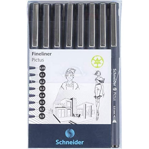 Schneider Pictus Fineliner Pens 8 Different Line Widths 0.05 - 0.9 mm Black Case of 8