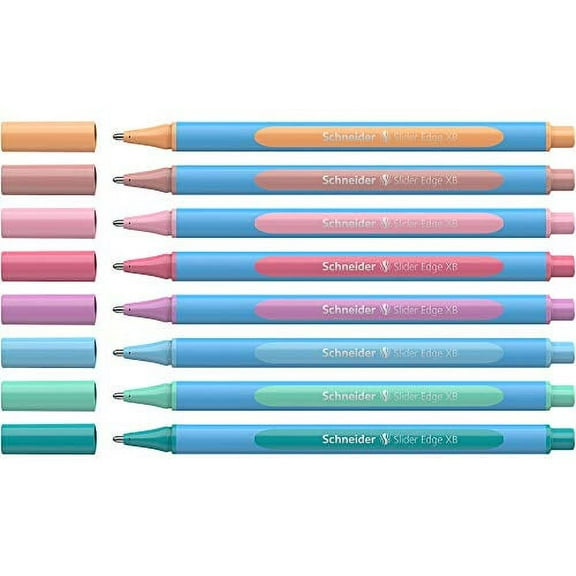Schneider Slider Edge Pastel XB (Extra Broad) Ballpoint Pen, 1.4 mm, Light Blue Barrel, Assorted Ink Colors, Adjustable Case Stand of 8 Pens (152289)
