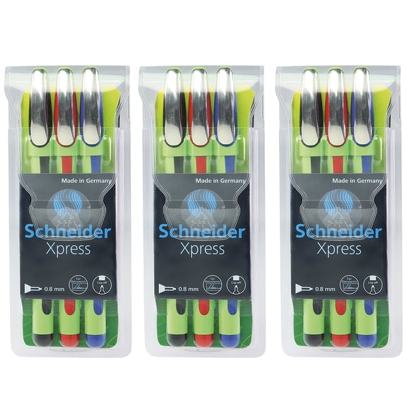 Schneider Xpress Fineliner Pen, Fiber Tip, 0.8 mm, 3 Colors Per Pack, 3 Packs