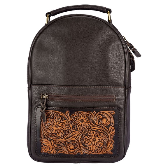 Schneiders Tooled Leather Small Backpack | Adjustable Straps | 14" x 9.5" x 4" | Brown