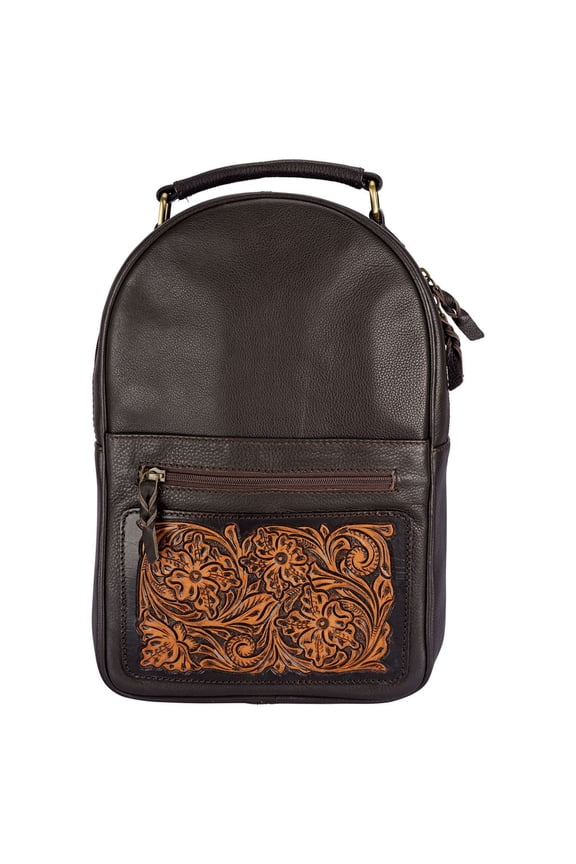 Tooled Leather Small Backpack | Adjustable Straps | 14" x 9.5" x 4" | Brown