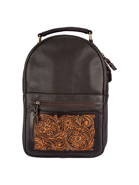 Tooled Leather Small Backpack | Adjustable Straps | 14" x 9.5" x 4" | Brown