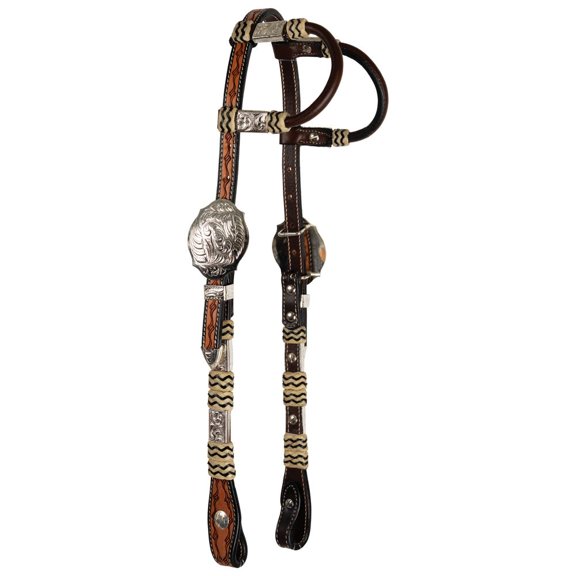 Schneiders Two Ear Tooled Show Headstall with Rawhide Accents | Size Full Horse