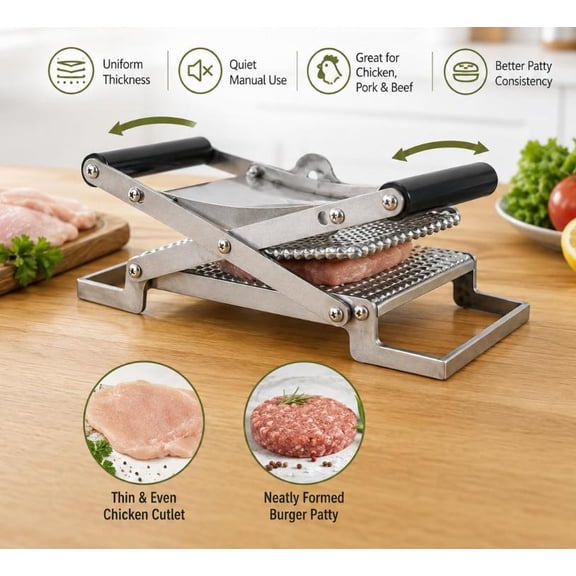 Schnitzel Press Machine, Stainless Steel Manual Meat Tenderizer, Clamp-On Chicken Cutlet Flattener and Patty Maker for Beef Pork Steak, Kitchen Gadget for Home BBQ Cooking Meal Prep