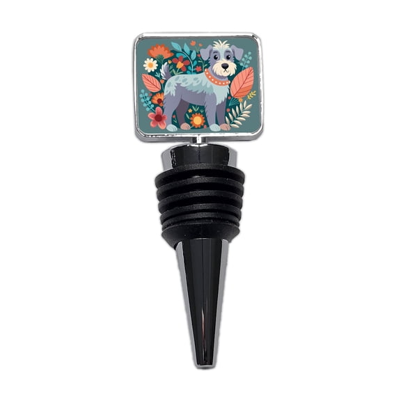 Schnoodle Floral Motif Dog Gray Wine Bottle Stopper Cap Plug