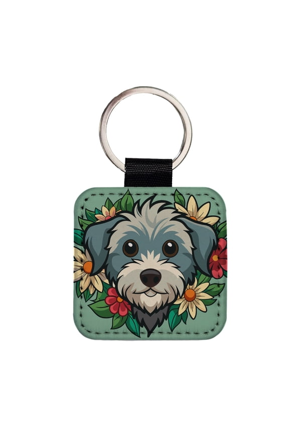 Schnoodle Head Floral Motif Green Dog Faux Leather Square Keychain