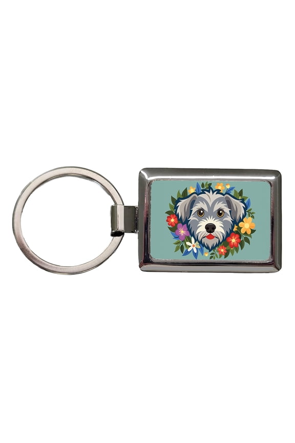 Schnoodle Head Floral Motif Metal Rectangle Keychain