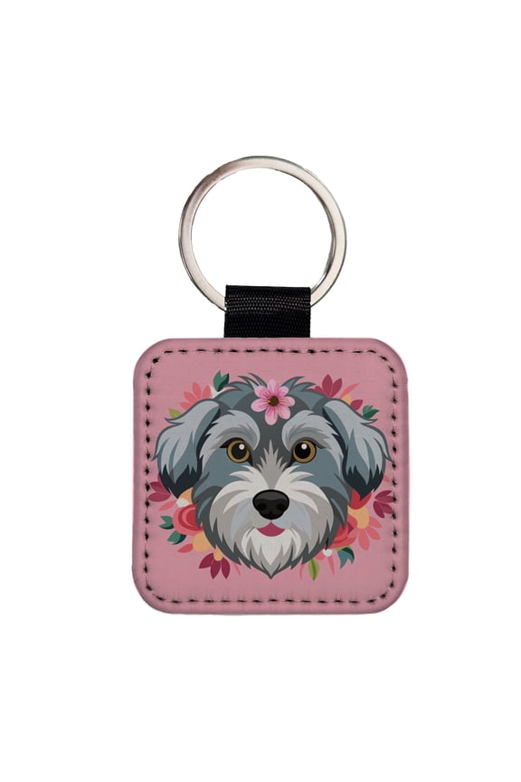 Schnoodle Head Floral Motif Pink Dog Faux Leather Square Keychain