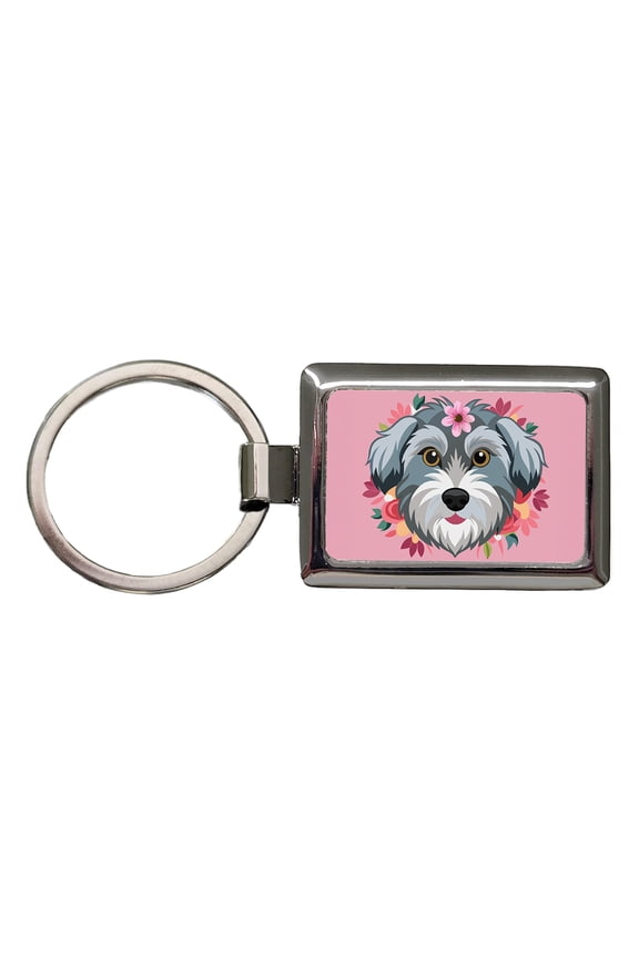 Schnoodle Head Floral Motif Pink Dog Metal Rectangle Keychain