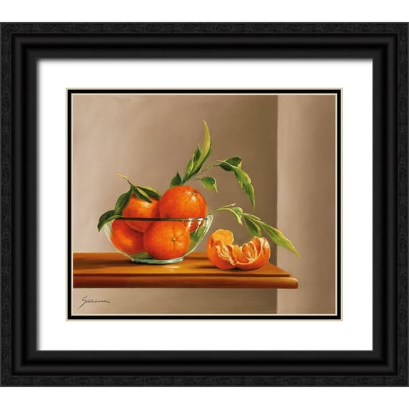 Schoelnhammer, Heinz 30x26 Black Ornate Wood Framed with Double Matting Museum Art Print Titled - TANGERINES WITH GREEN