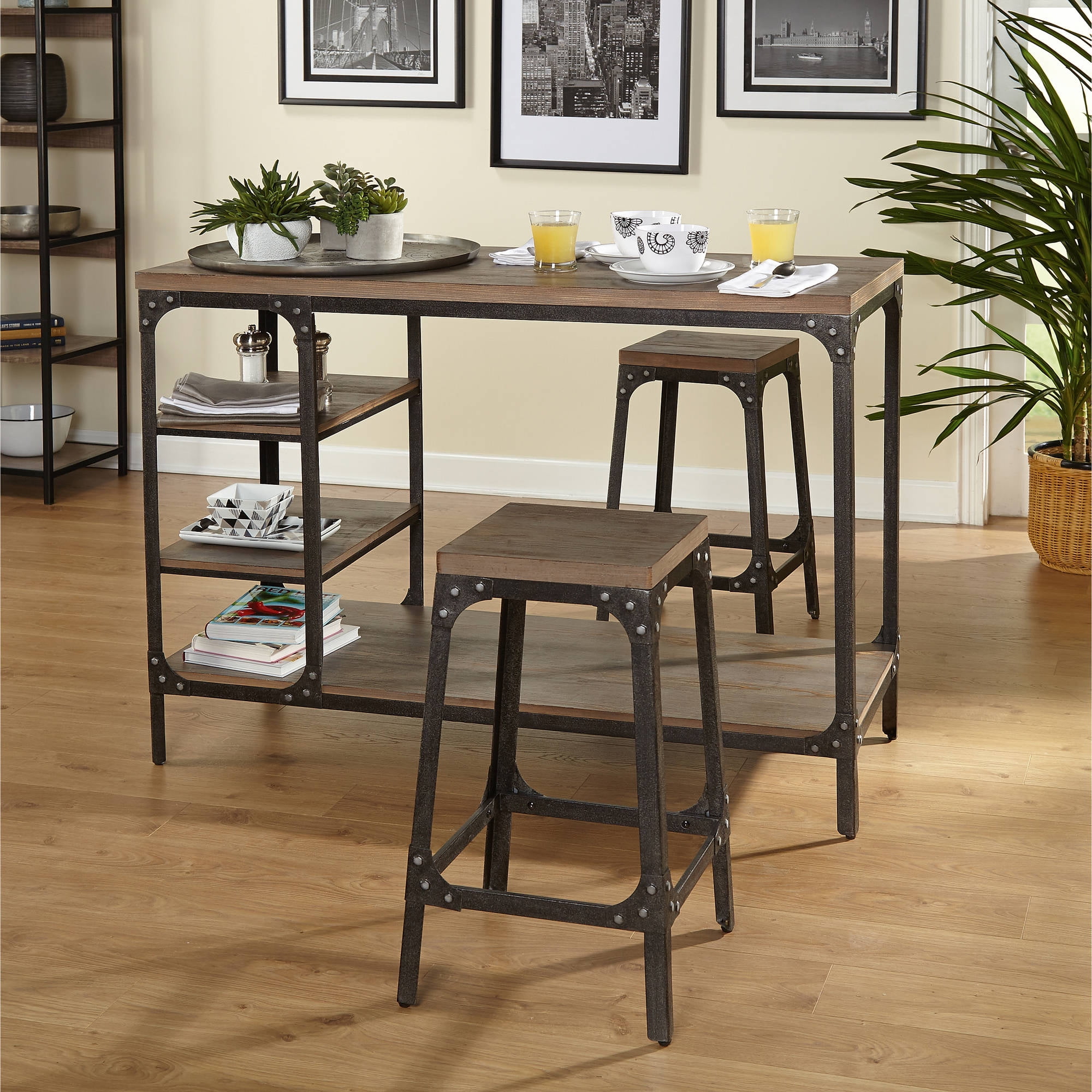 Gray Industrial 3-Piece Counter Height Pub Set with Shelves