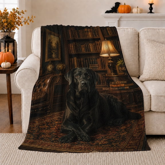 Scholarly Black Dog Library, Peaceful Pet Portrait Pattern, Warm Flannel Blanket for Living Room and Bedroom, Dog Lovers Just Because Gift, Pet Lover Home Decor