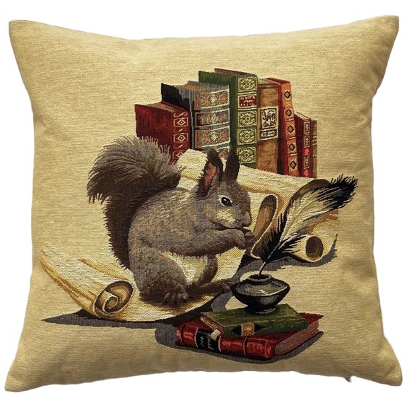 Scholarly Squirrel with Antique Books, Scrolls and Quill Double-Sided Woven Throw Pillow, 17 x 18 in