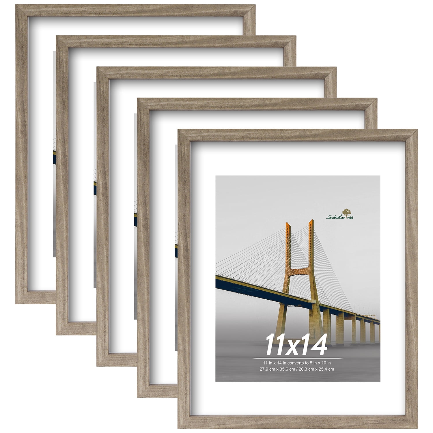 Scholartree 11 x 14 5-in-1 Wood Picture Frames Set-11x14 Matted to 8x10 Wall Frames, Gray