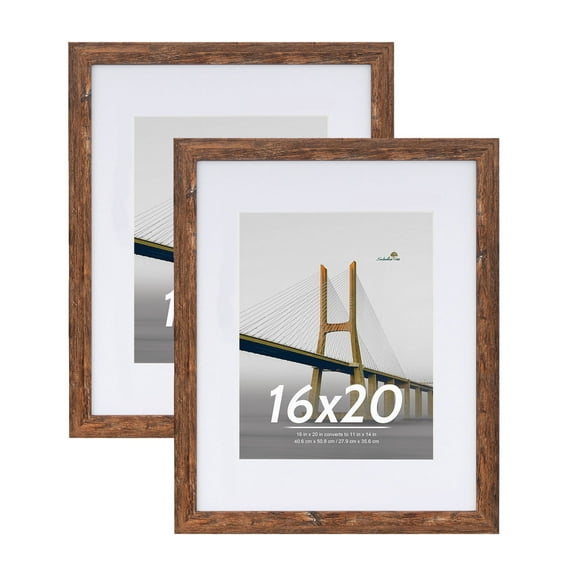 Scholartree 2 PACK 16x20 Wood Gallery Poster Frame, 16x20 Matted to 11x14 Wall Frames, Brown