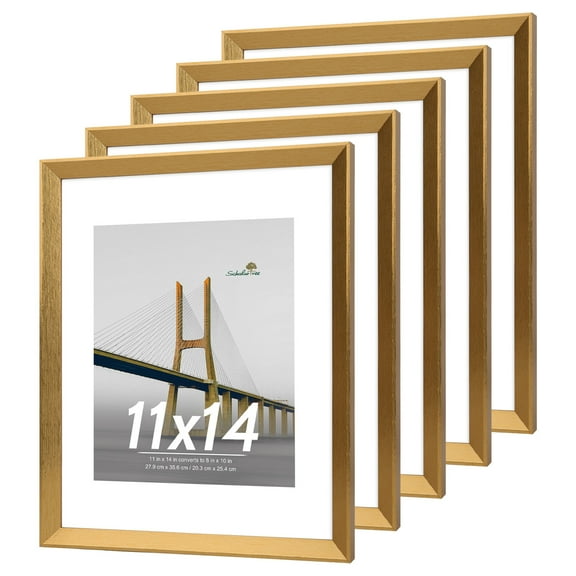 Scholartree 5 PACK 11 x 14 Wooden Picture Frames Set-11x14 Matted to 8x10 Wall Frames, Gold