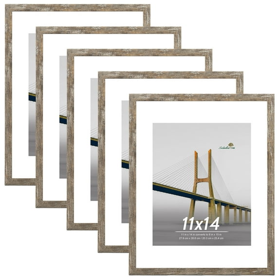 Scholartree 5-Pack Picture Frames, 8x10 with Mat & 11x14 Without Mat, Shatter-Safe Wall Gallery Set,Brown Oak