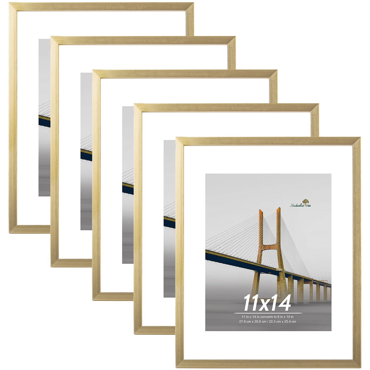 Scholartree 5-Pack Picture Frames, 8x10 with Mat & 11x14 Without Mat, Shatter-Safe Wall Gallery Set,Gold