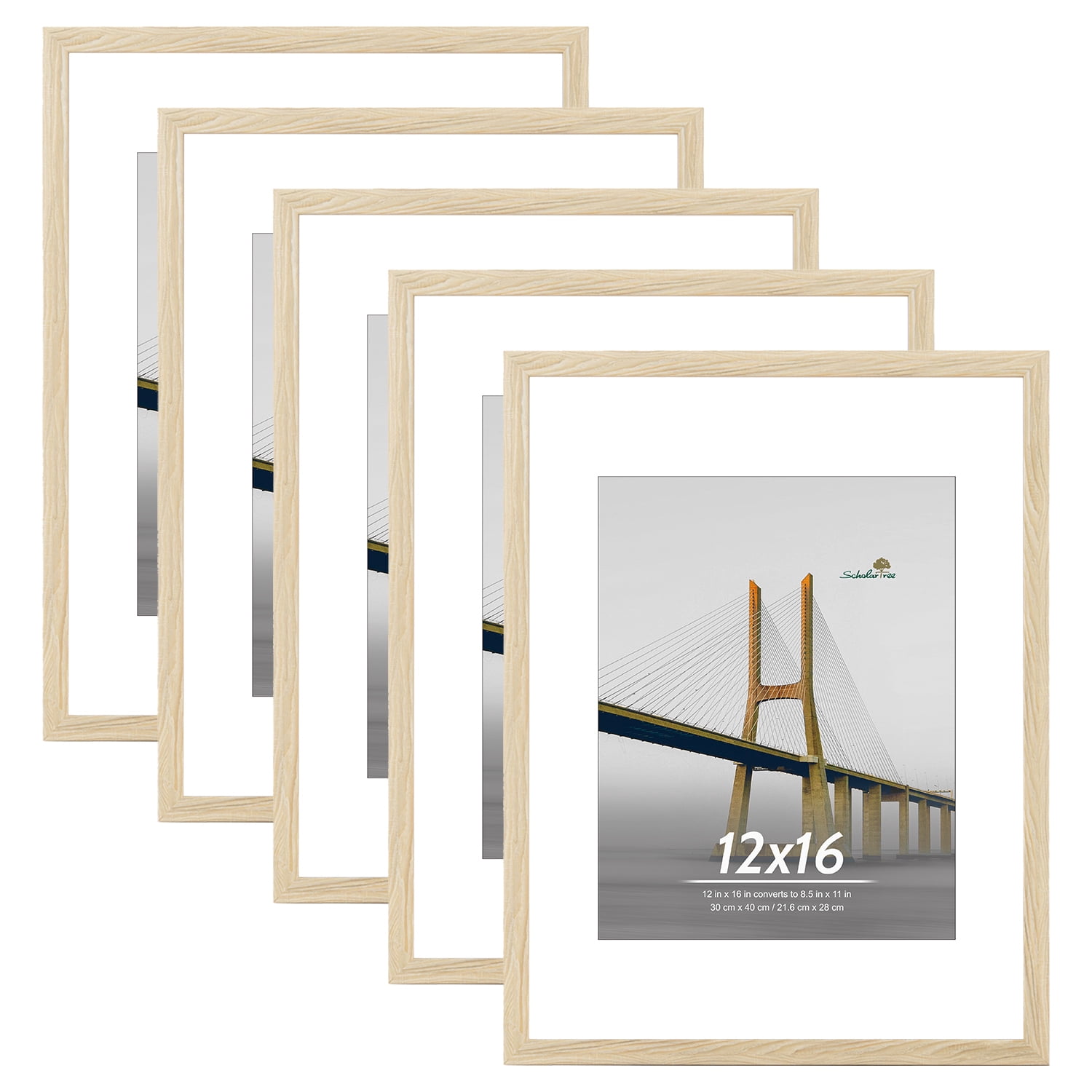 Scholartree 5 PACK 12x16 Matted to 11x14 Gallery Wall Picture Frame Set, 12x16 Wall Picture Frames, Wood Grain Finish