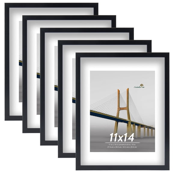Scholartree 5-Pack Picture Frames, 8x10 with Mat & 11x14 Without Mat, Shatter-Safe Wall Gallery Set,Black