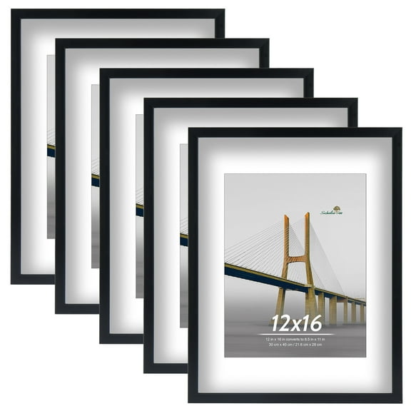Scholartree 5-in-1 Contemporary Gallery Picture Frame Set, 12 x 16 Wall Picture Frames, Black