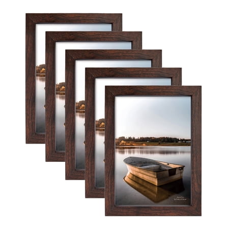Scholartree 5-in-1 Wood Picture Frames Set, Front Loading Basic Tabletop 5 x 7 Picture Frame, Brown