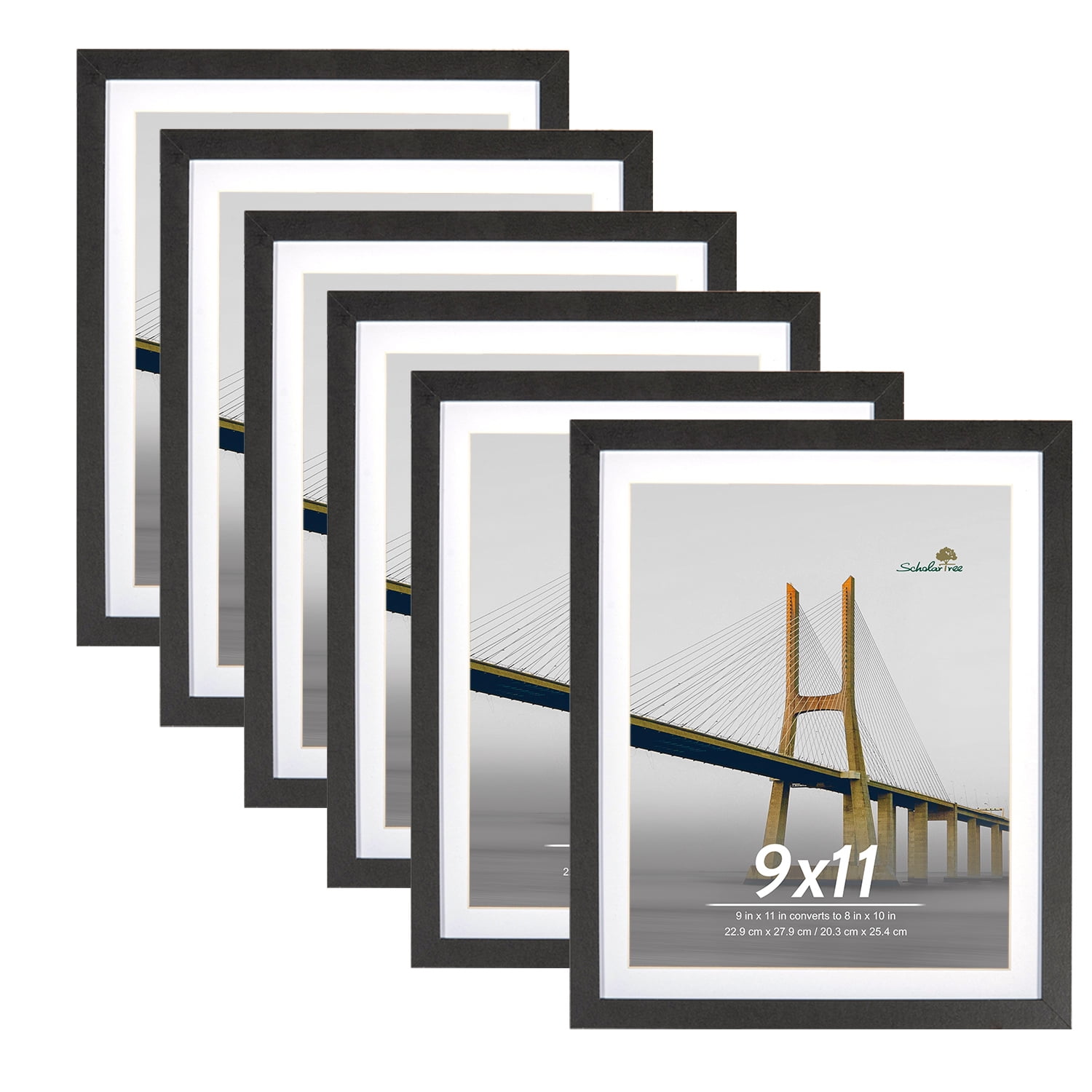 Scholartree 6 Pack 9x11 Black Picture Frames, 9x11 Matted to 8x10 Photos for Wall or Tabletop Decoration, Black
