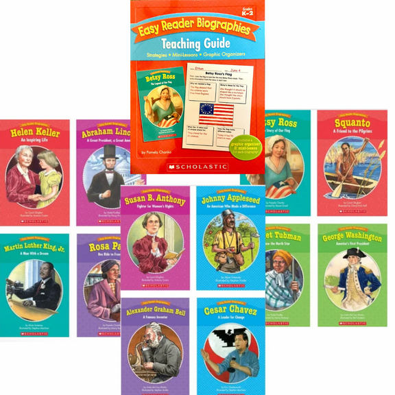 Scholastic 12 Easy Reader Biographies & Teaching Guide  : Johnny Appleseed; Betsy Ross; Abraham Lincoln; Harriet Tubman; Susan B. Anthony; Rosa Parks; Helen Keller; Alexander Graham Bell ....