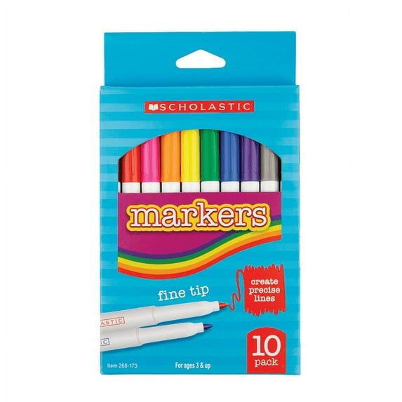 Scholastic Art Markers, Fine Tip, Assorted Colors, Pack Of 10