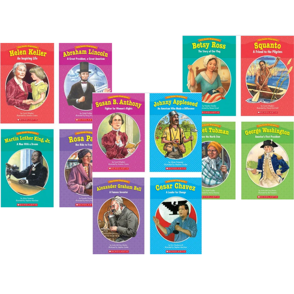 Scholastic Easy Reader Biographies : 12 Biographies : Johnny Appleseed; Squanto; Betsy Ross; Abraham Lincoln; Harriet Tubman; Susan B. Anthony; Rosa Parks; Helen Keller; Alexander Graham Bell ....