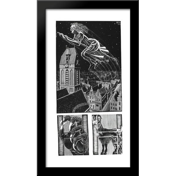 Scholastica (Flying Witch) 22x40 Large Black Wood Framed Print Art by M.C. Escher
