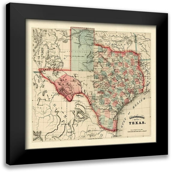 Schonberg and Co., 13x12 Black Modern Framed Museum Art Print Titled - Schonbergs map of Texas, 1866