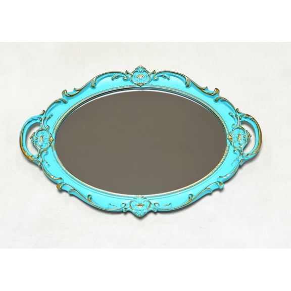 Schones Geschaft Decorative Mirror Tray, Makeup Jewelry Perfume OrganizerVintage Oval Display and Serving Tray for Bedroom Living-Room Dresser Decor (14.4x 9.8) (Blue - Oval)